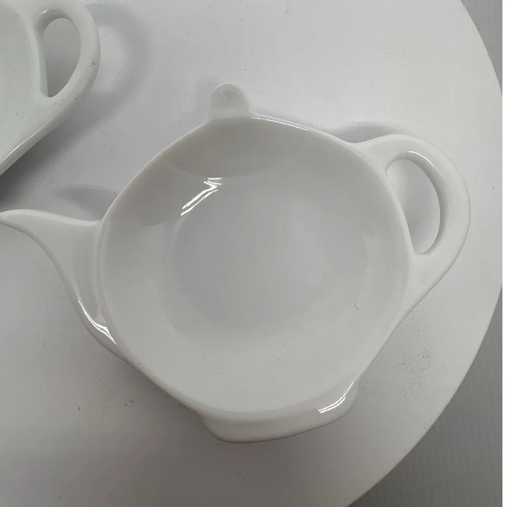 Set of 2 White Ceramic Teapot Shaped Tea Bag Holders Dish‎ Trays Tea Party
